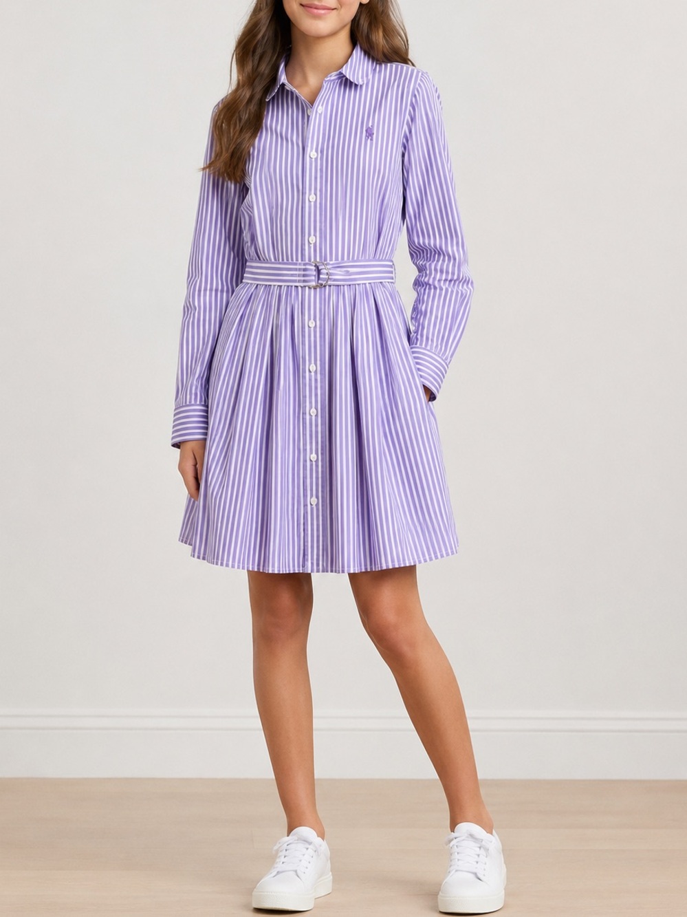 Polo Ralph Lauren Striped Shirt Dress Size 16 Purple White Cotton Belted School